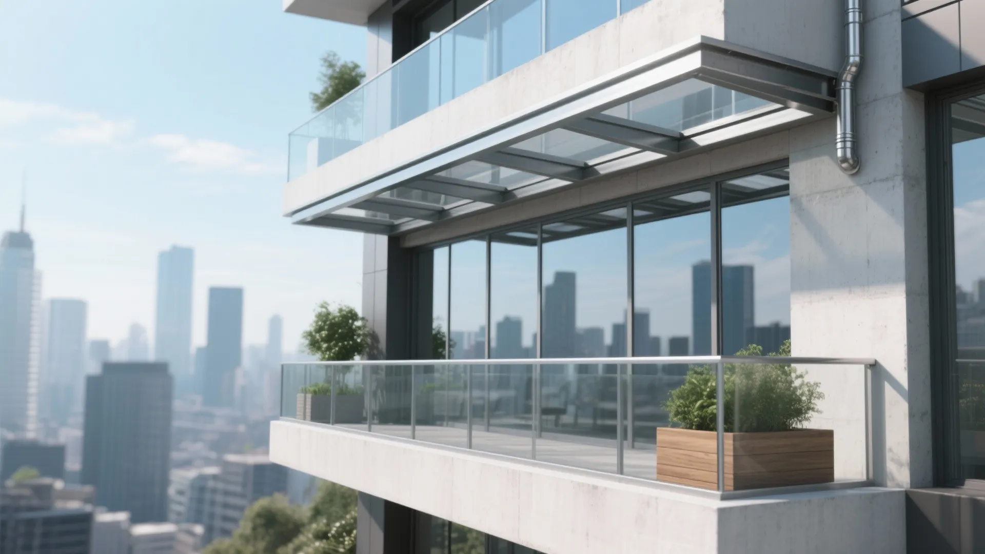 Modern high rise building balcony with glass railings metal roof window and wooden plant boxes