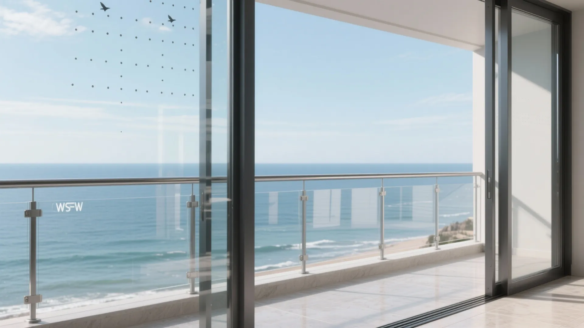 Modern balcony with glass railing and sliding glass doors looking out to the blue ocean