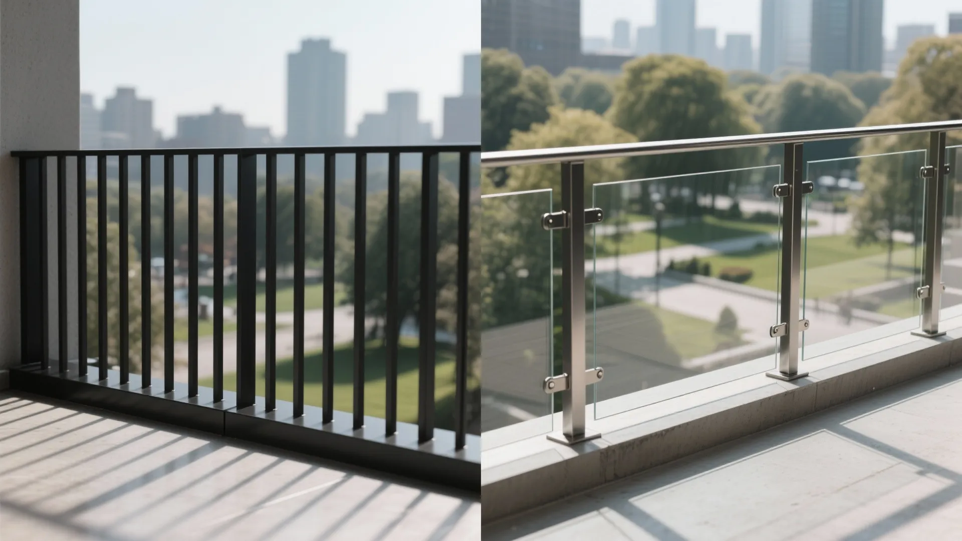 Before-after view comparing open steel bars and glass-and-steel hybrid balcony railing.