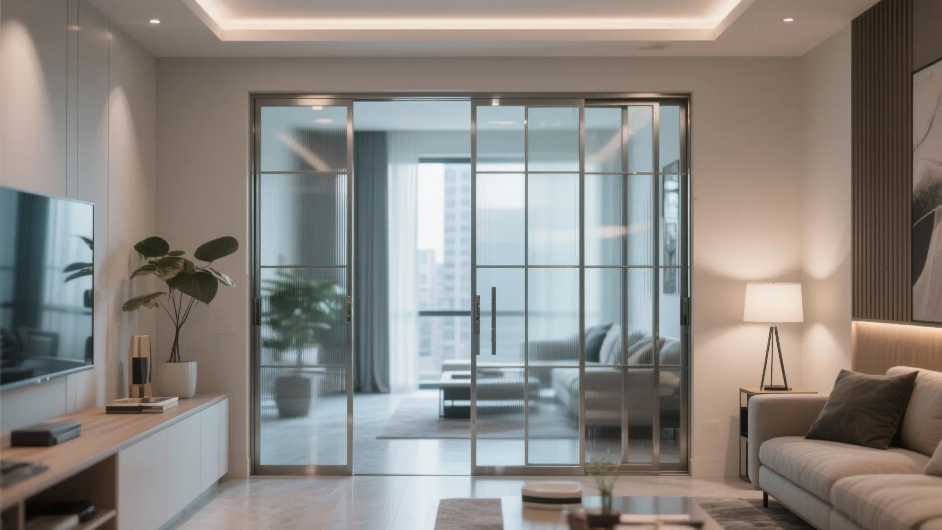 Modern living room with glass sliding doors leading to a bright balcony and outdoor city view