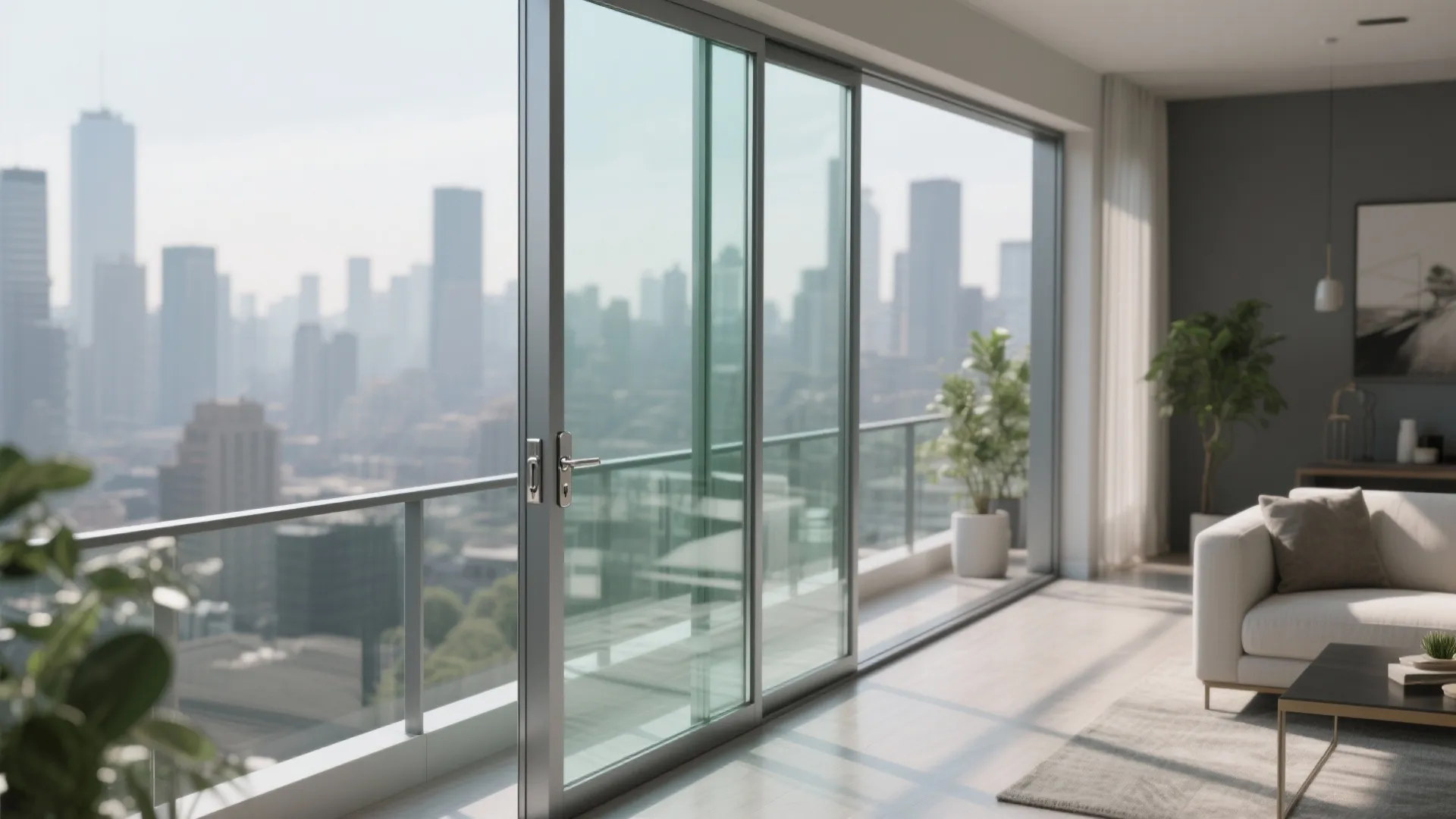 Living room with white sofa and large glass sliding door opening to balcony overlooking city skyline