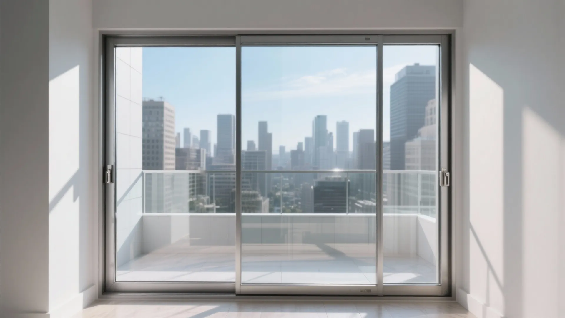 Large sliding glass door with silver frame showing urban city skyline view from modern apartment