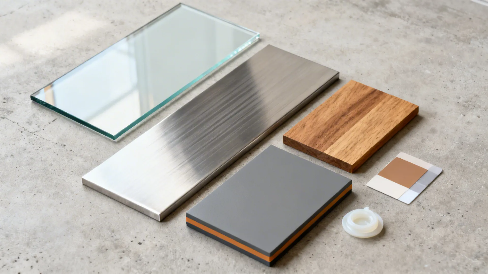 Flat lay of tempered glass, brushed stainless steel, matte grey HPL, and oak veneer for an ultra-modern kitchen.
