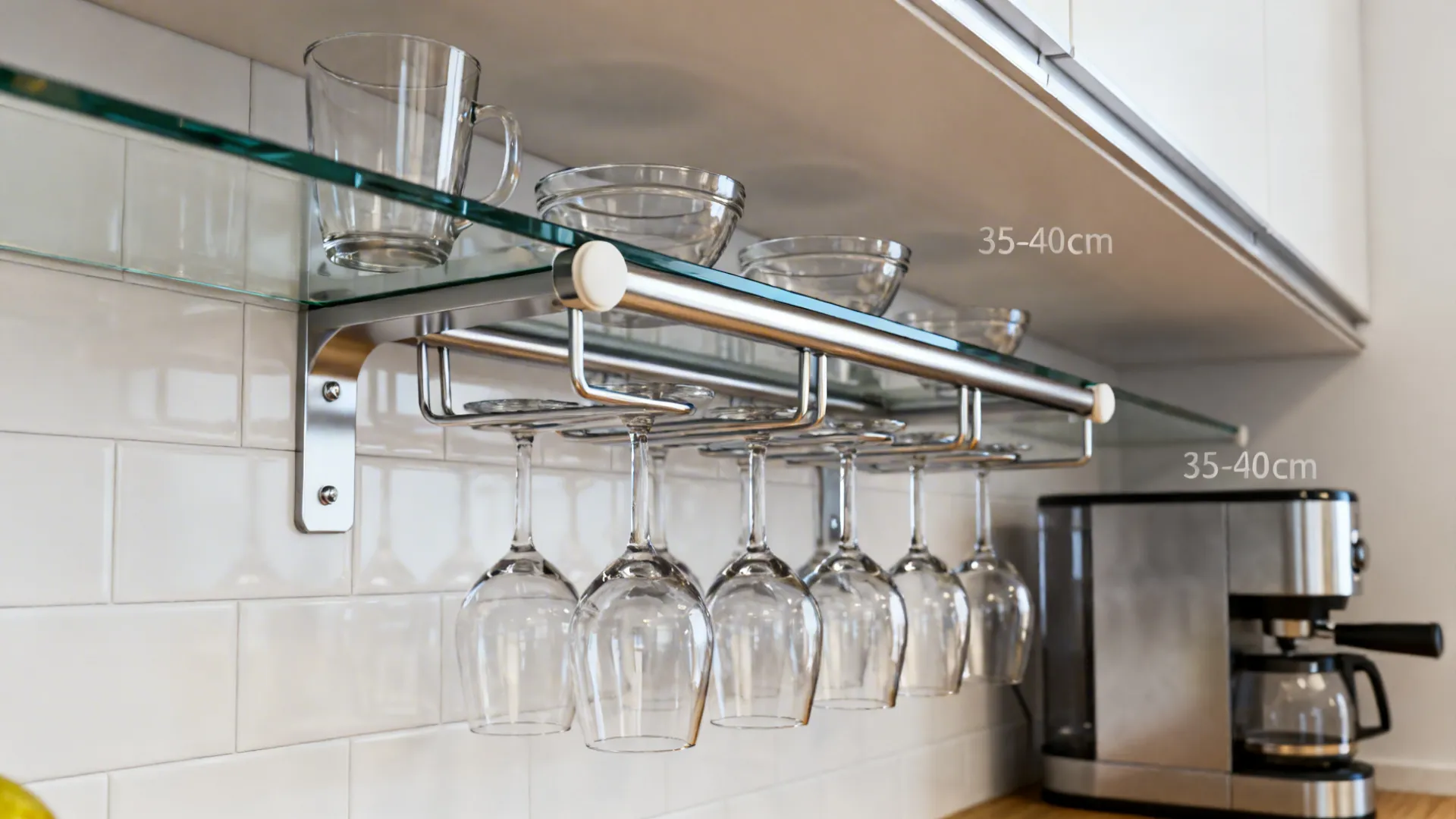 Close-up of a glass shelf with an under-shelf stemware rail holding wine glasses in a galley kitchen.