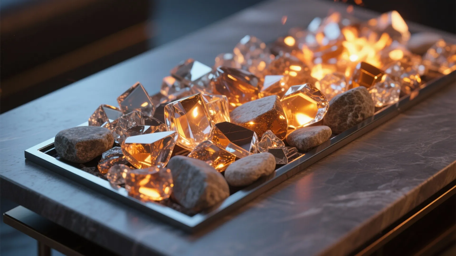Close up of indoor fire pit with glowing glass crystals and small round grey stones