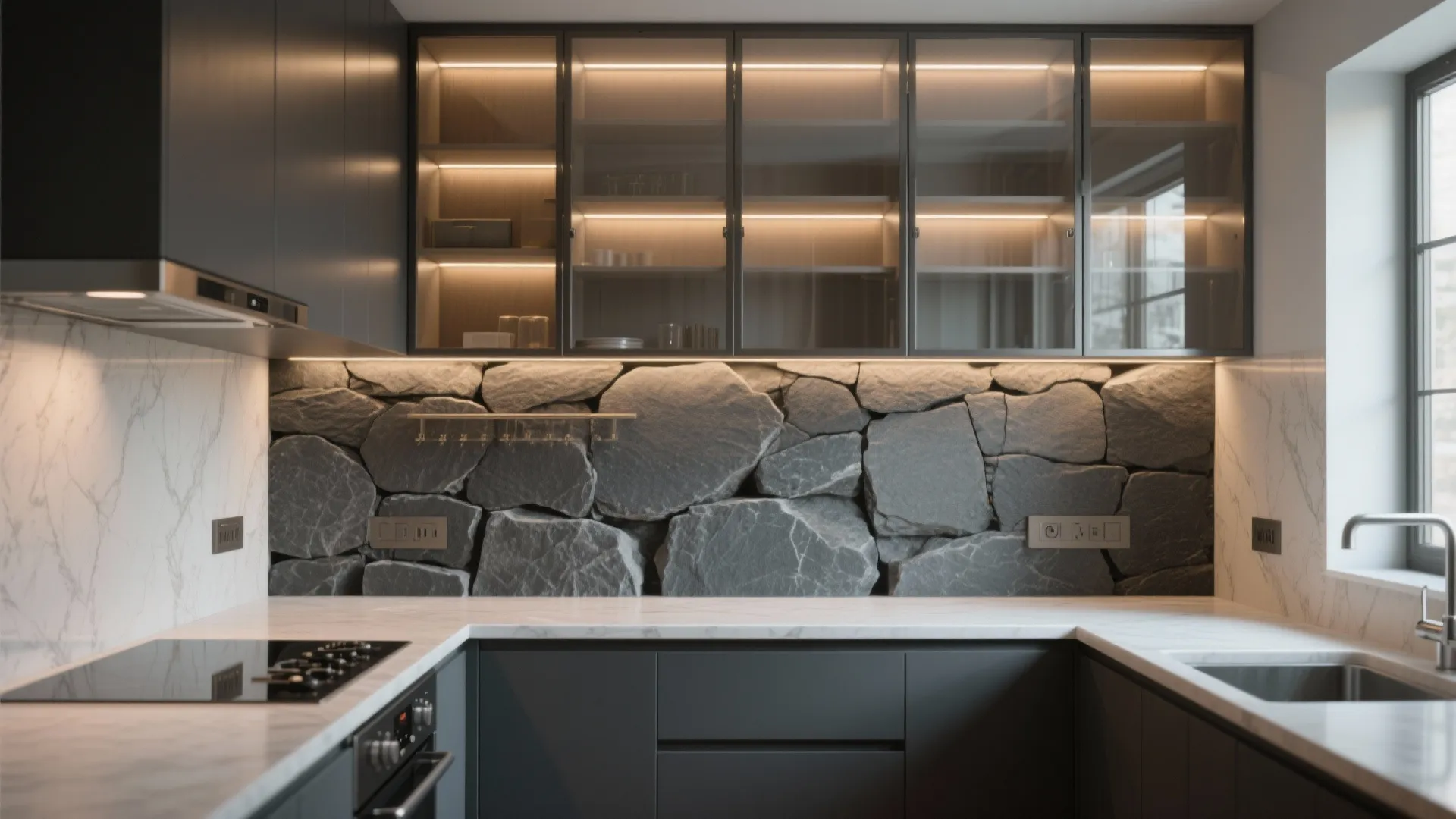 Glass-front cabinets with stone accent wall