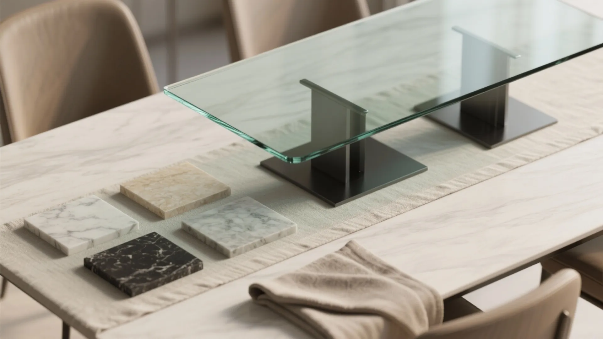 Modern marble table displaying glass shelf and stone material samples for interior design material selection