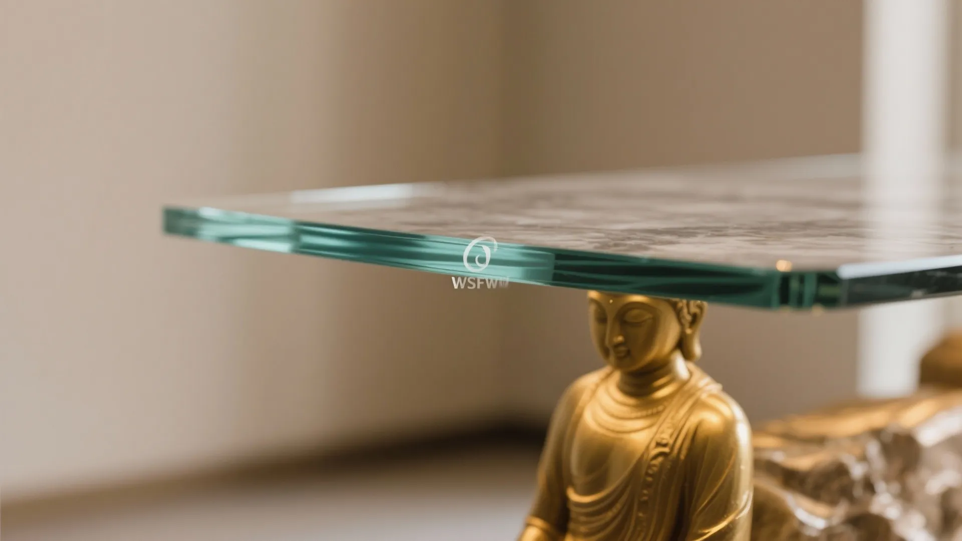 Modern glass table with stone texture supported by gold statue base in a bright interior