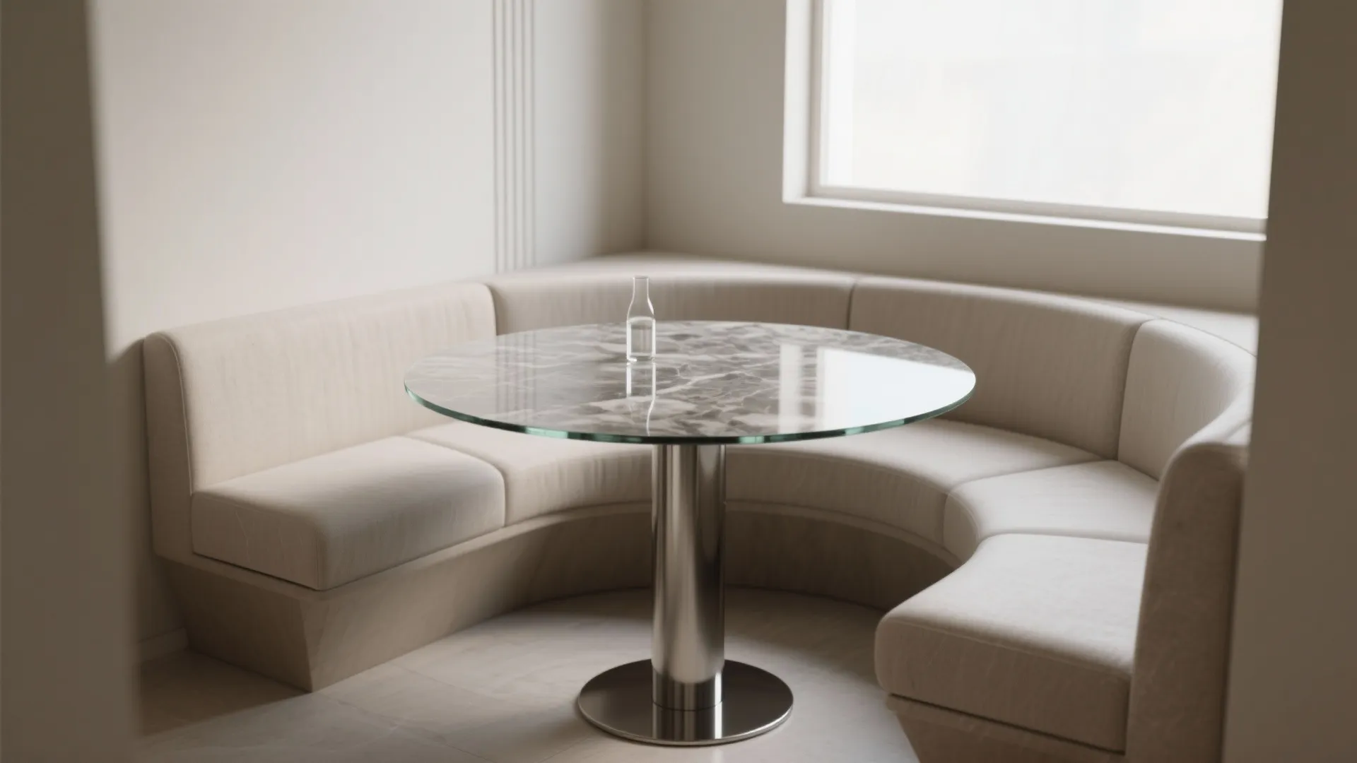 3. Glass or stone top with a compact metal pedestal