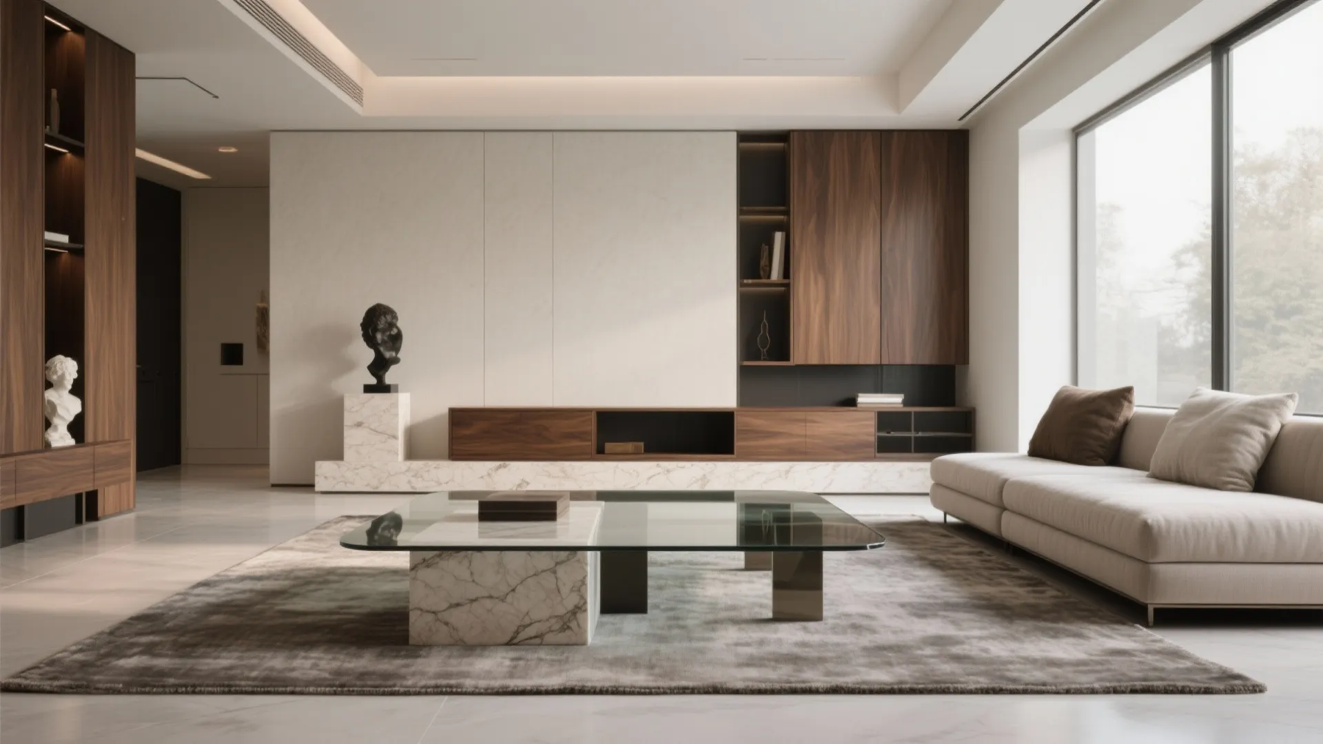 4) Artful balance of glass, stone, and wood