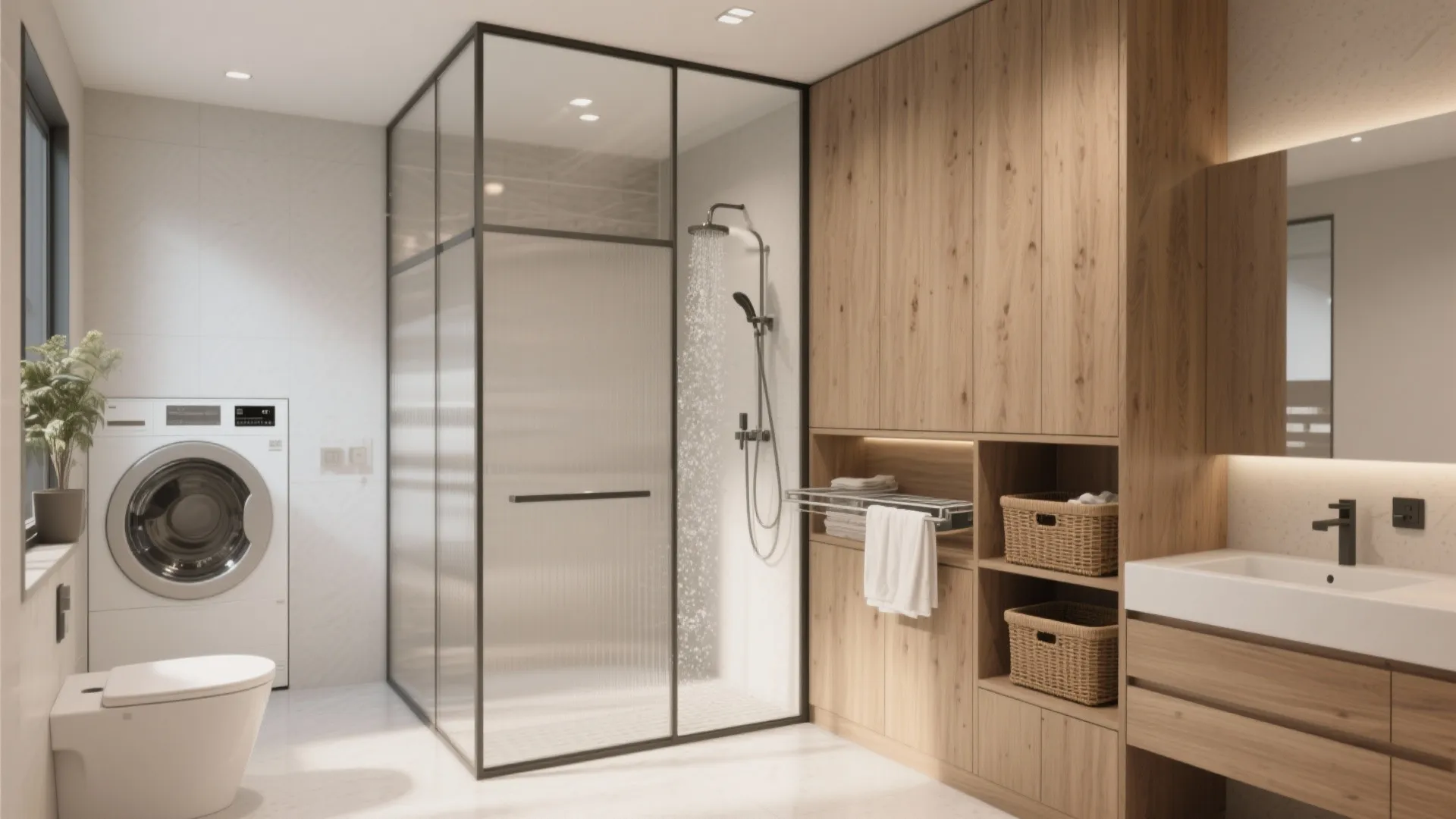 Modern bathroom with glass shower cabin wooden storage cabinet white toilet sink and a washing machine