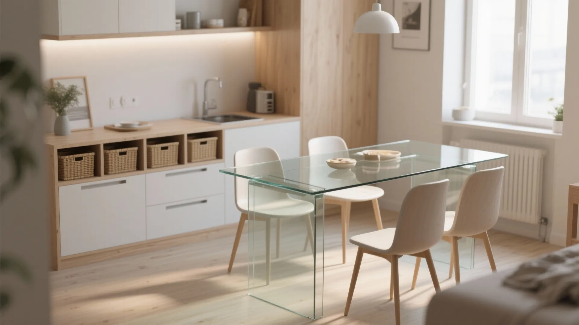 5. Glass plus integrated storage — practical glamour