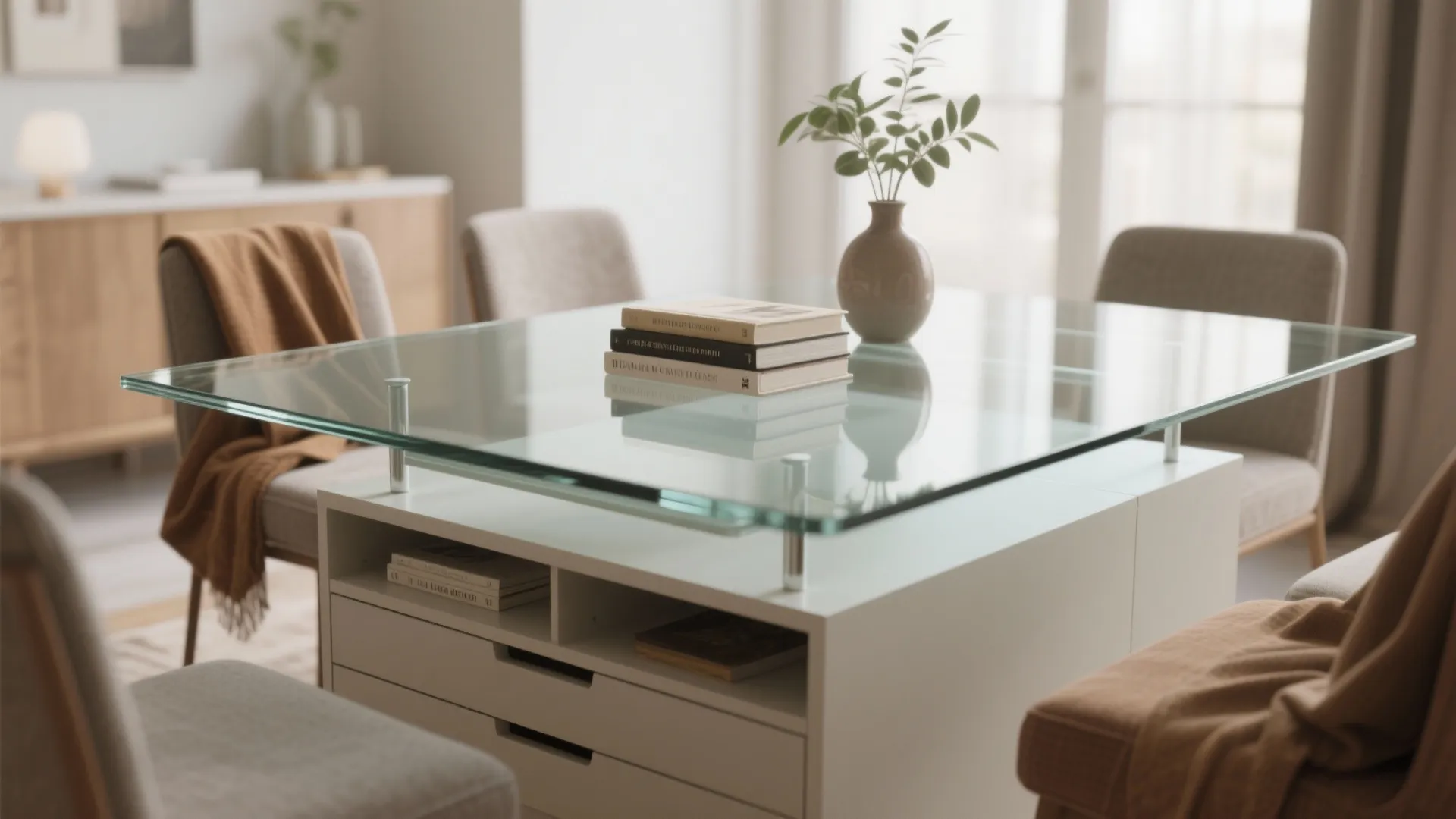 5. Glass Top with Built-In Storage Base