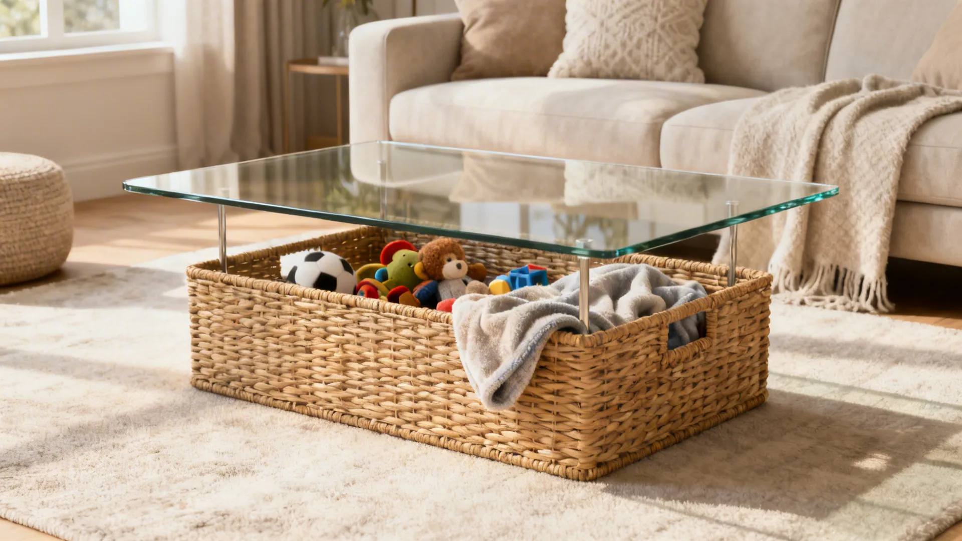 Glass coffee table with a woven storage base hiding toys, in a tidy airy living room