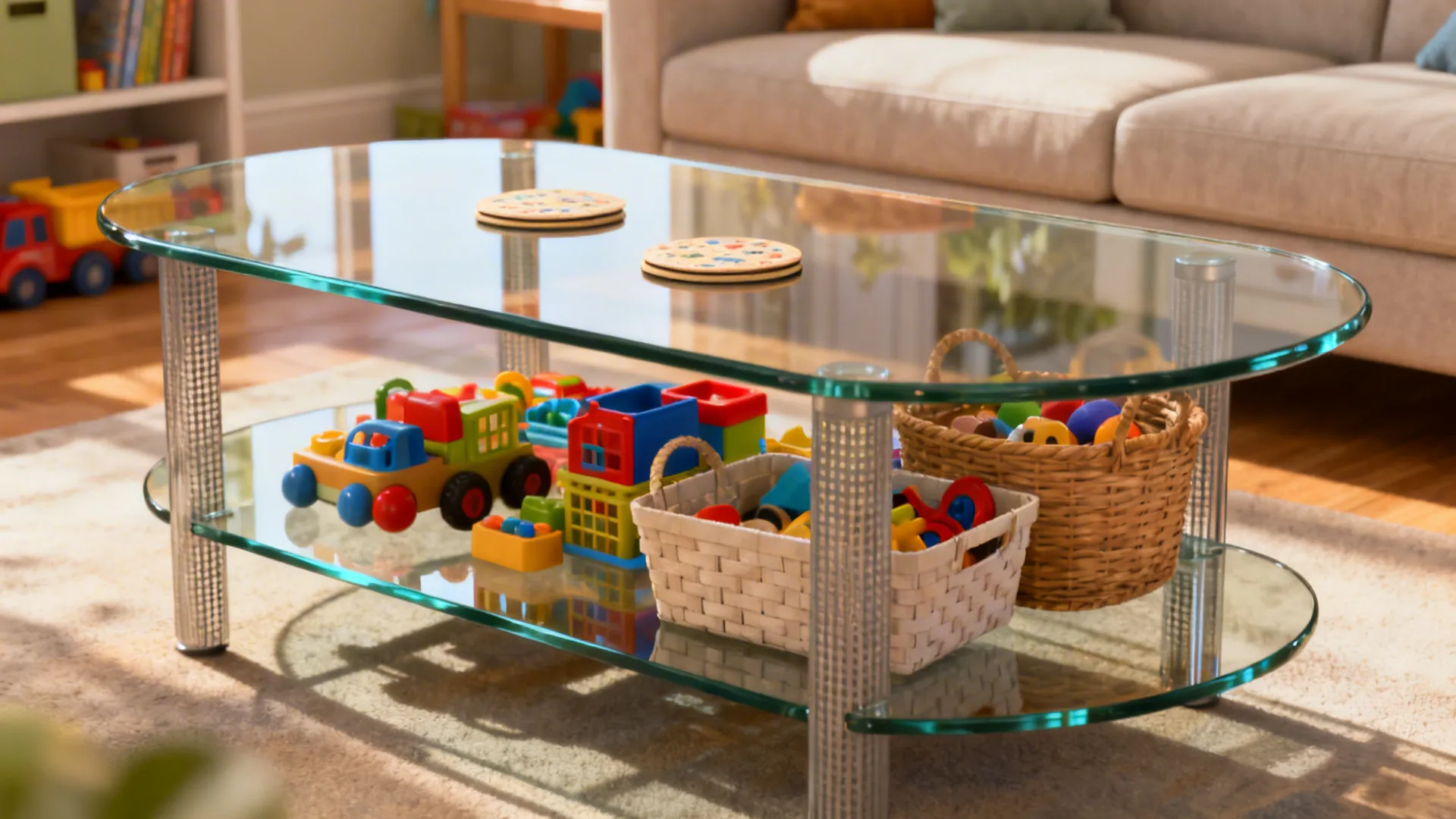 Family-friendly glass coffee table with an integrated lower shelf storing baskets and toys neatly.