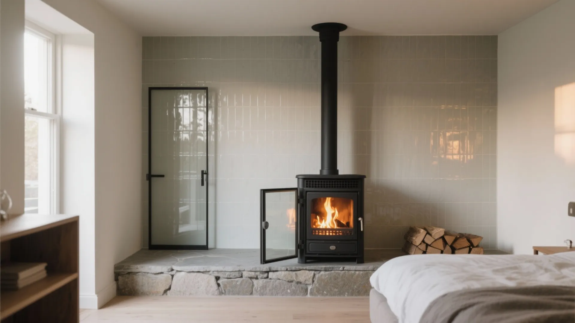 Glass-Front Stove with Reflective Surrounds