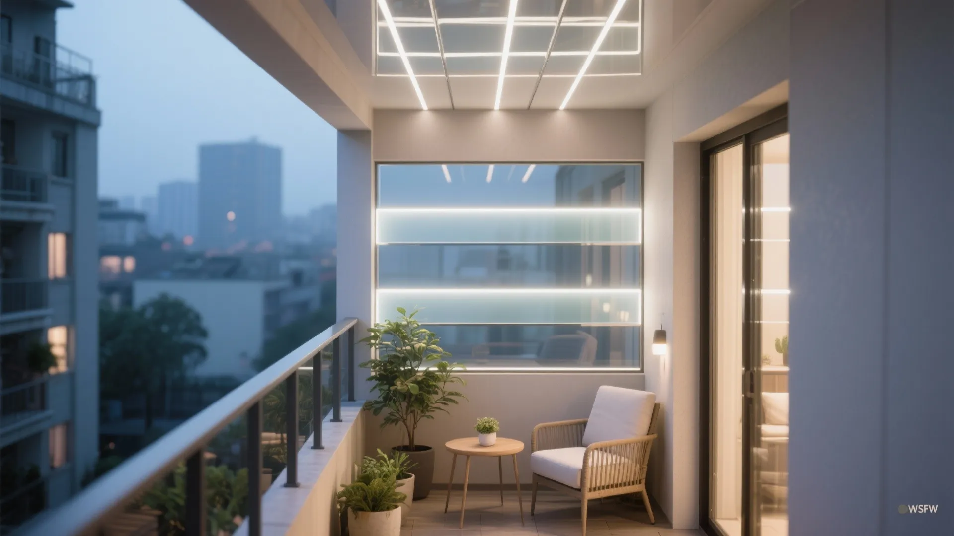 Evening balcony interior design with strip lights on ceiling chair wooden table and green potted plants