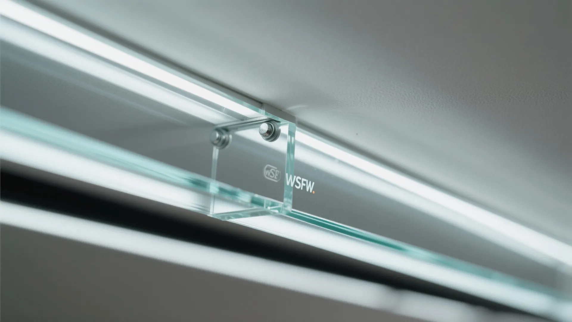 Clear glass strip with metal bolts and bright white light reflecting on a smooth ceiling