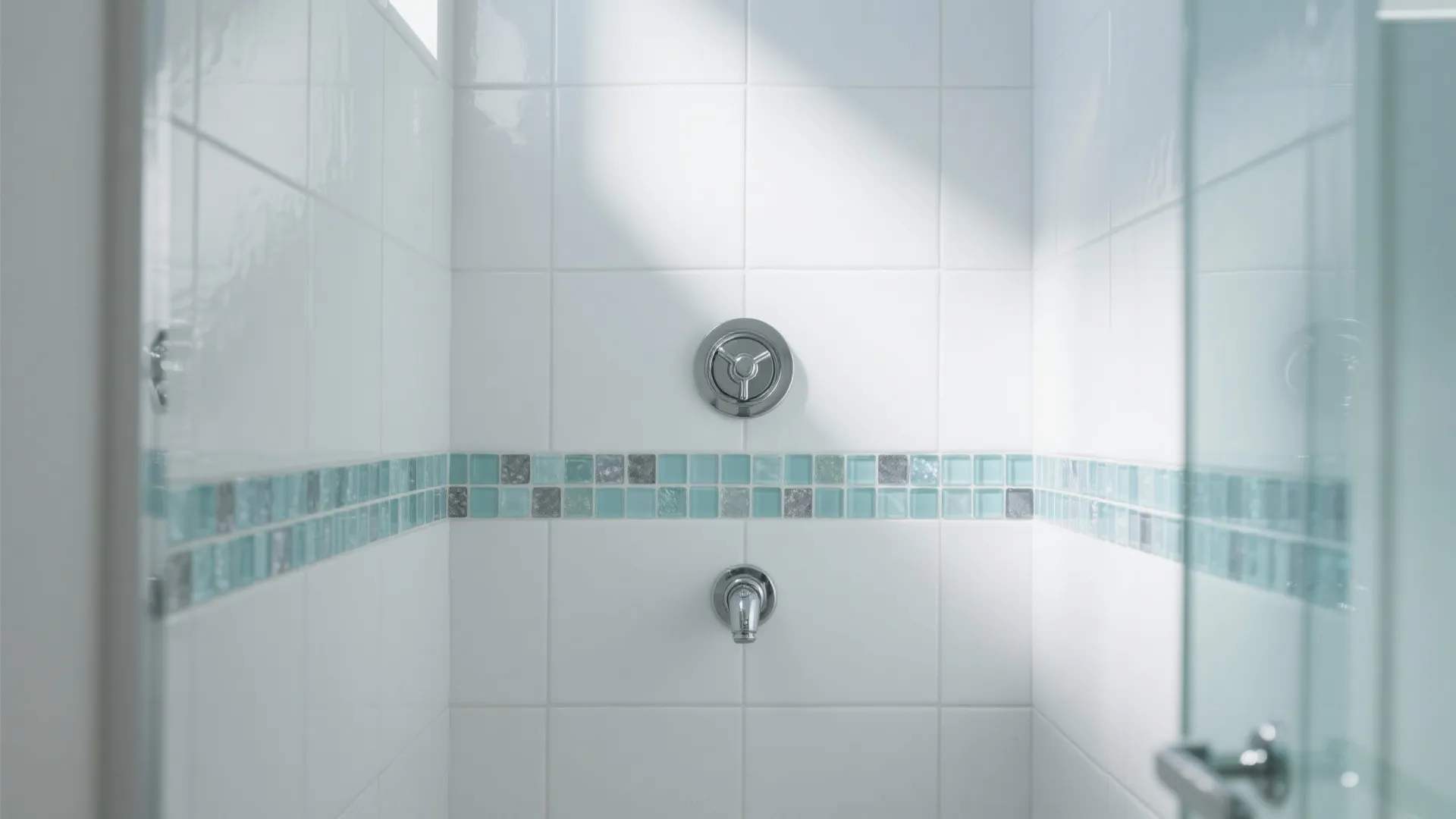 Bright white bathroom shower tiles featuring light blue mosaic pattern and shiny silver metal handle