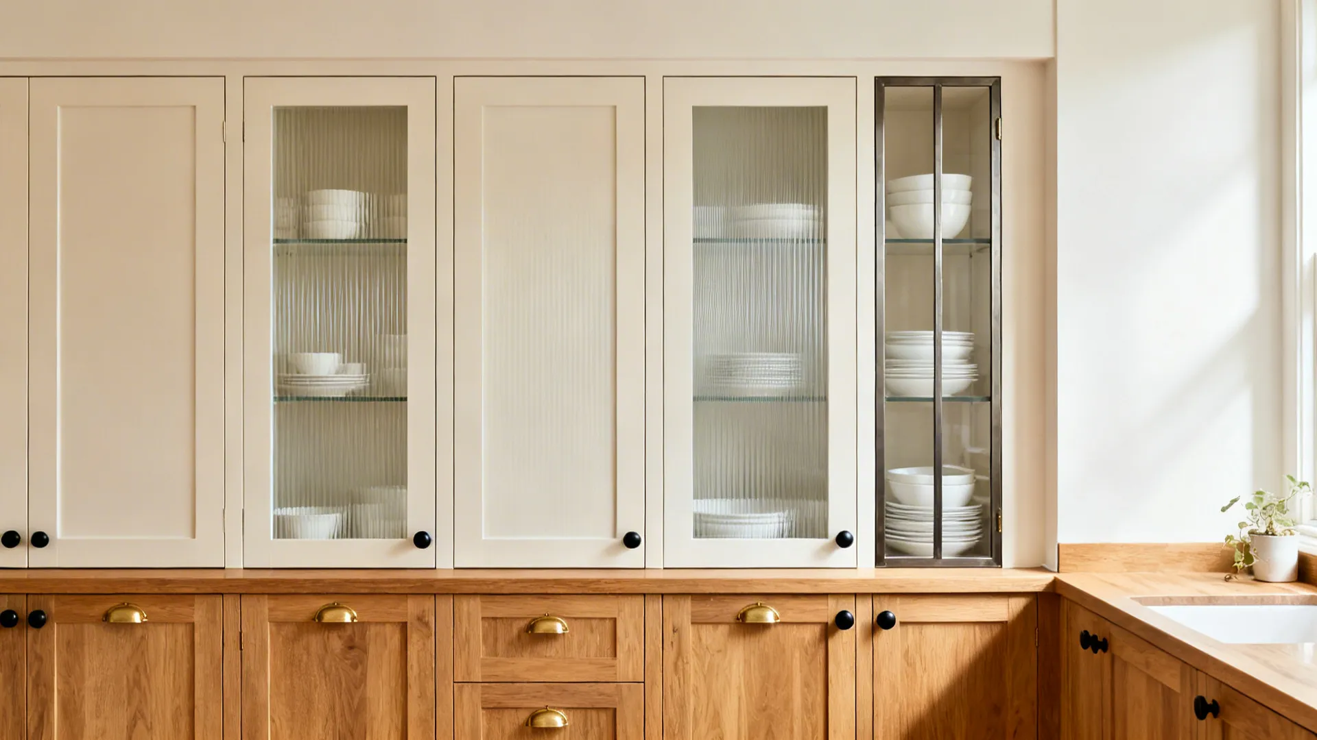 Compact kitchen showcasing clear, reeded, frosted, and metal-framed glass doors in one cohesive view.