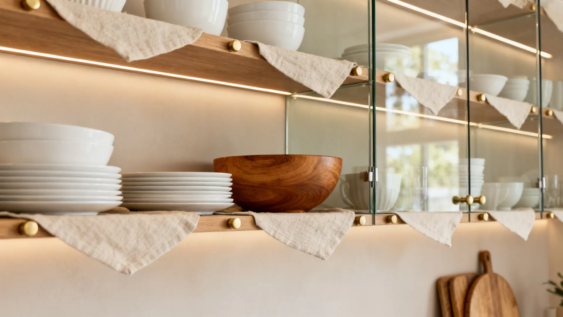 Clear glass doors showcase white dishes, wood bowls, and linen liners with warm brass accents.
