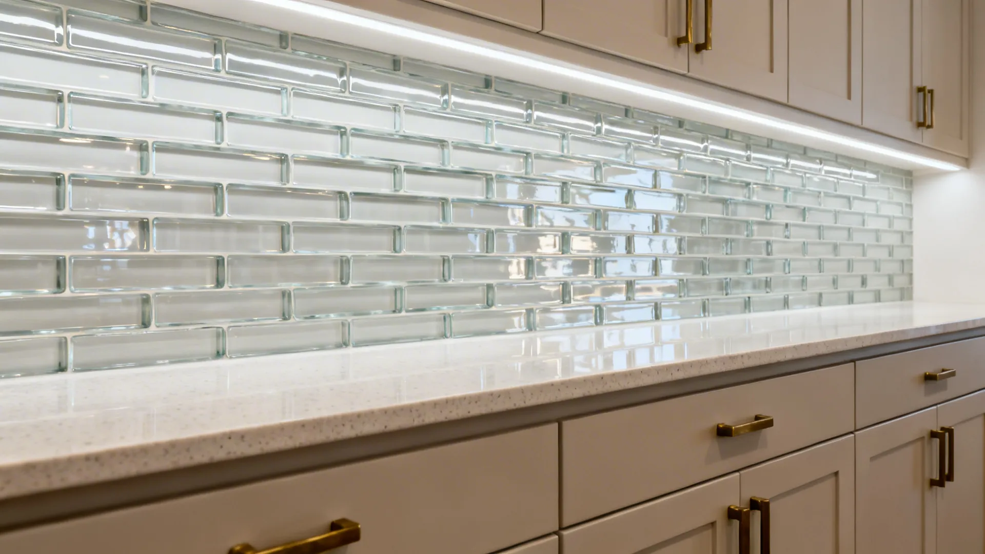 Running bond glossy glass subway tile backsplash in a small galley kitchen with soft LED reflections