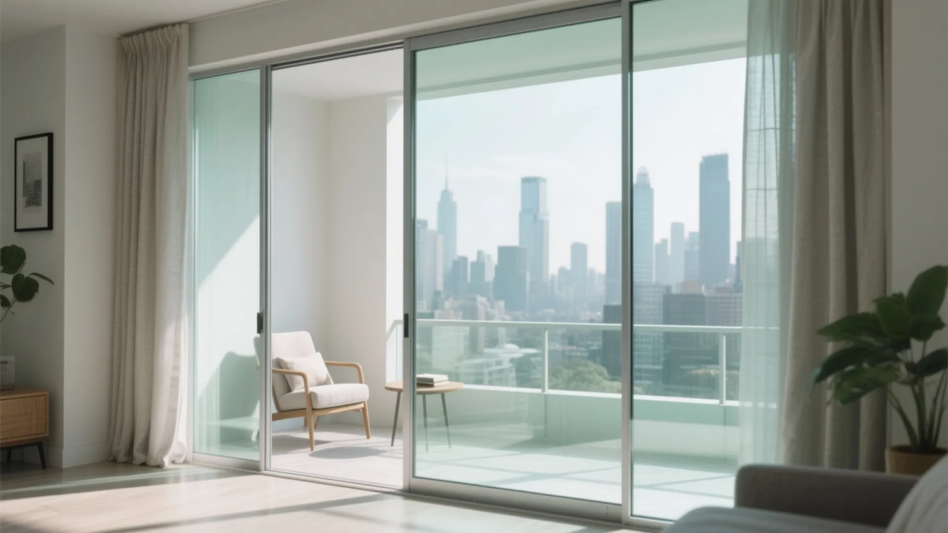 Modern bright living room with large glass sliding doors opening to a balcony with city views