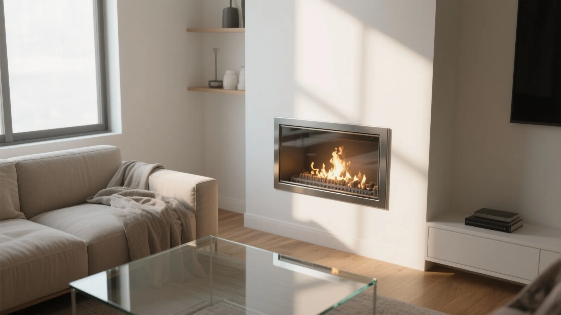 Corner Fireplace with a Glass Surround