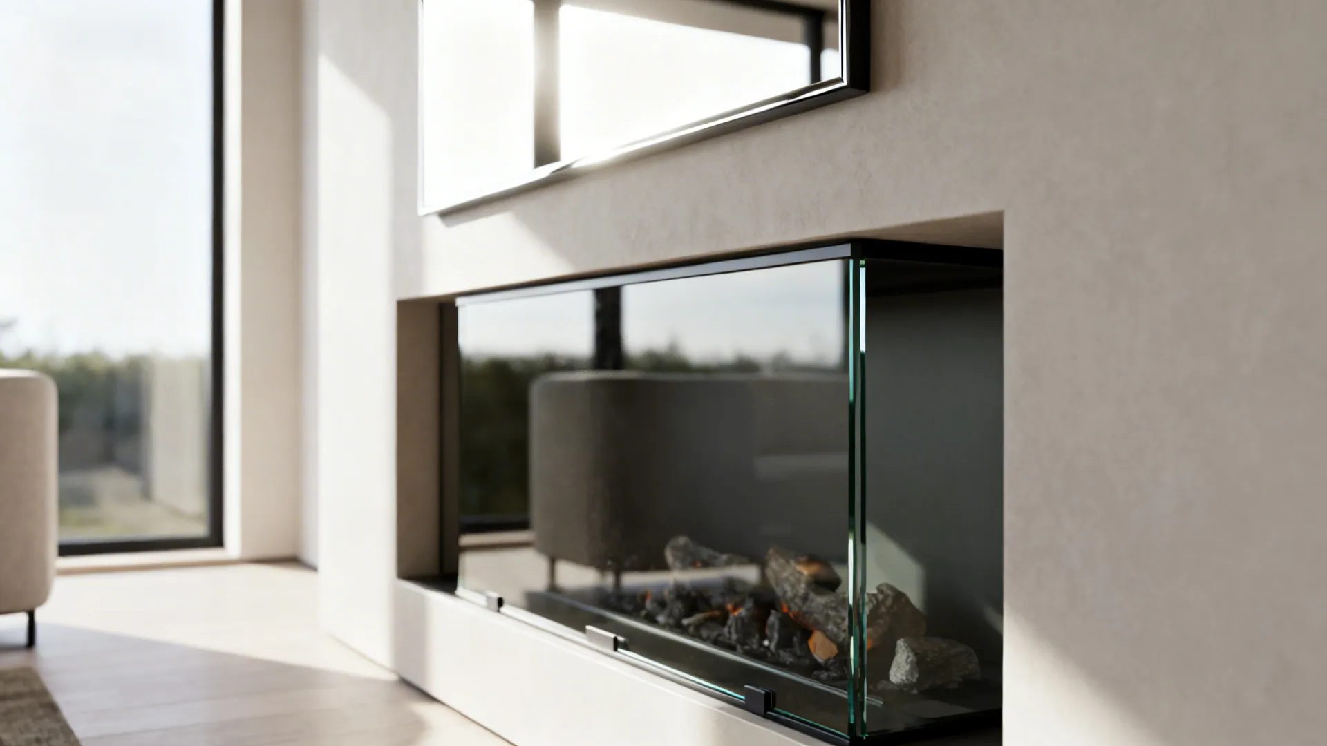 Fireplace with a glass surround and slim mirror that amplifies light