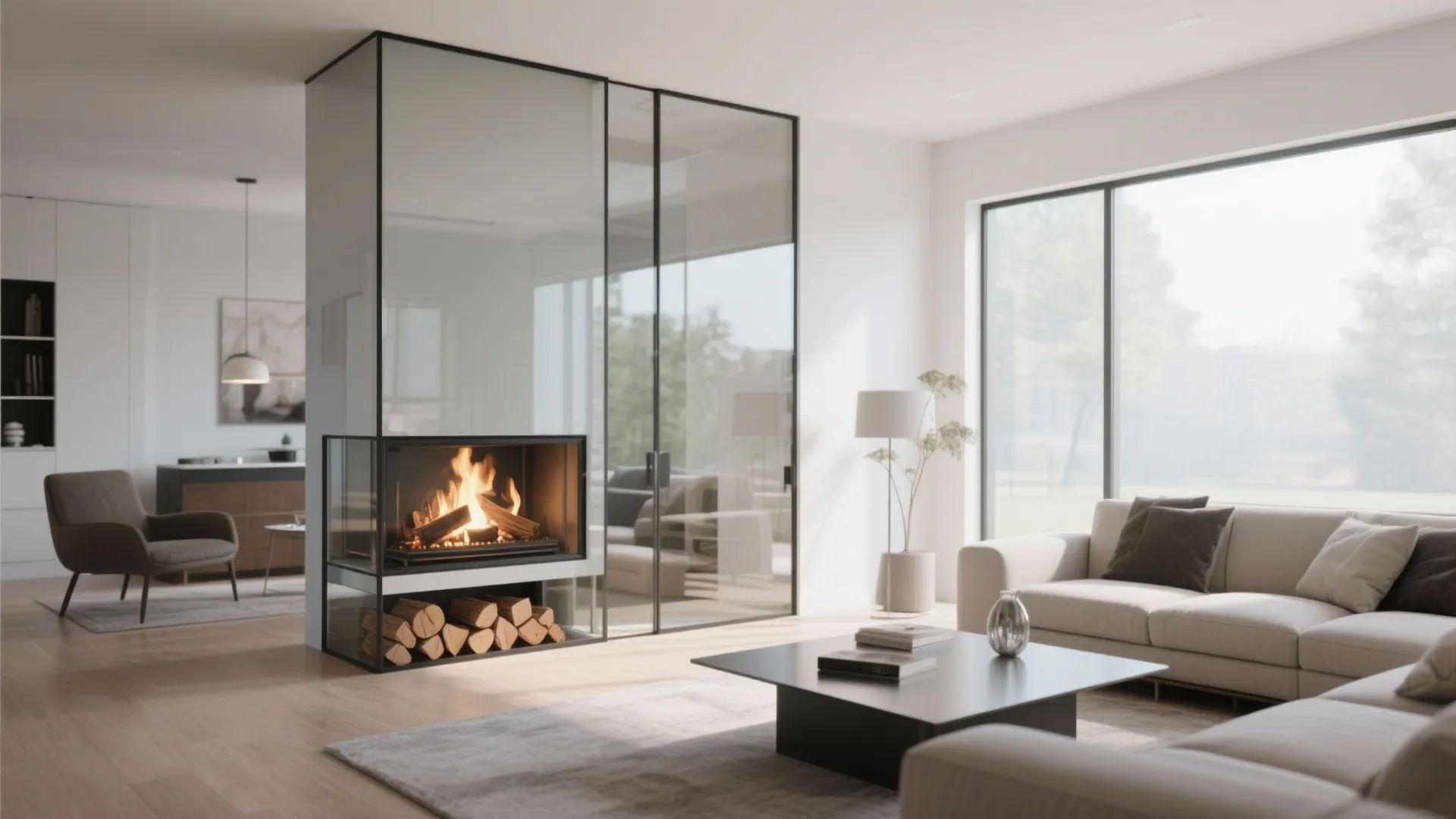 Modern bright living room with glass fireplace wall white sofa black coffee table and windows