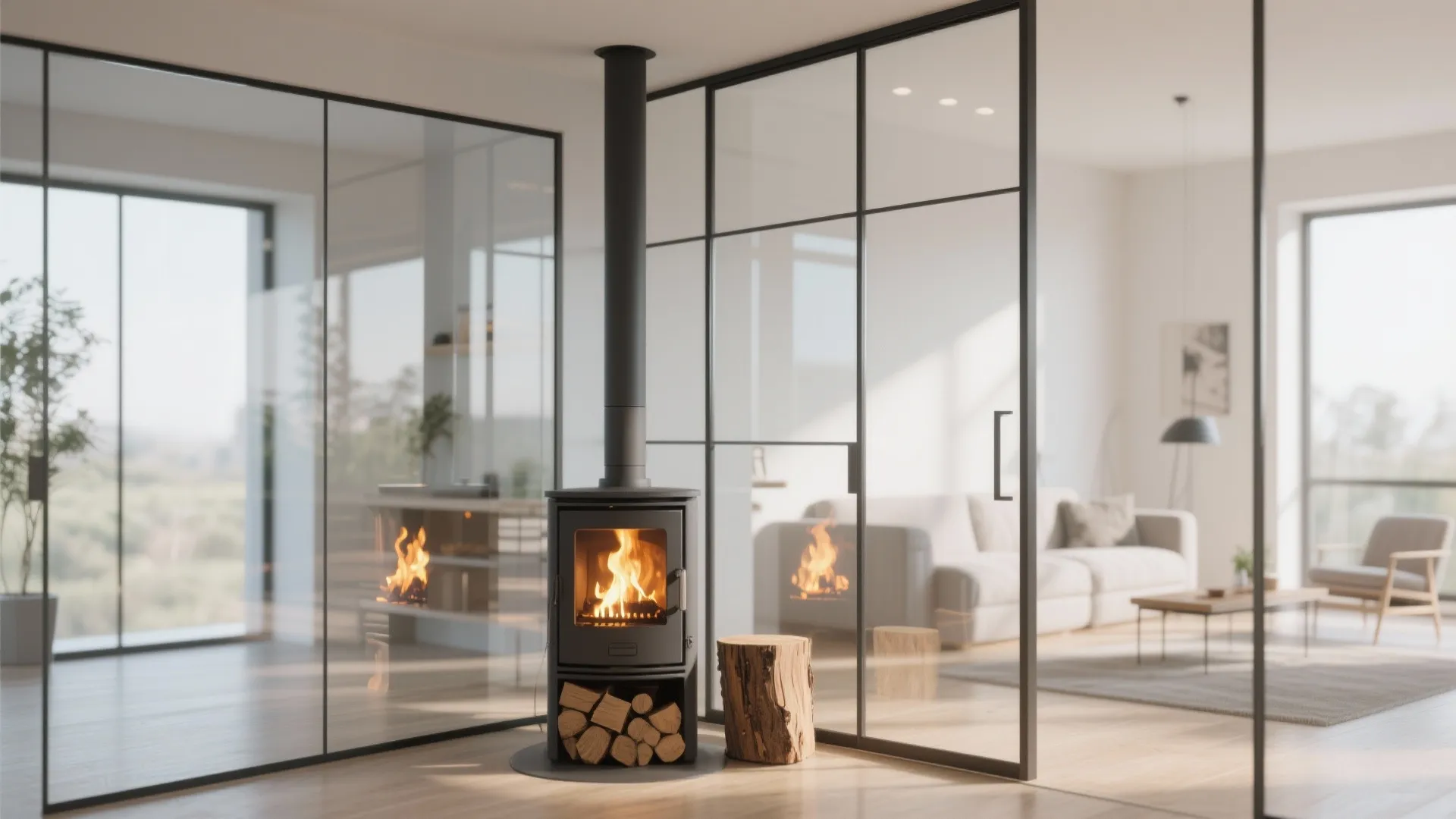 Modern living room showing black wood burning stove behind glass partitions with black metal window frames