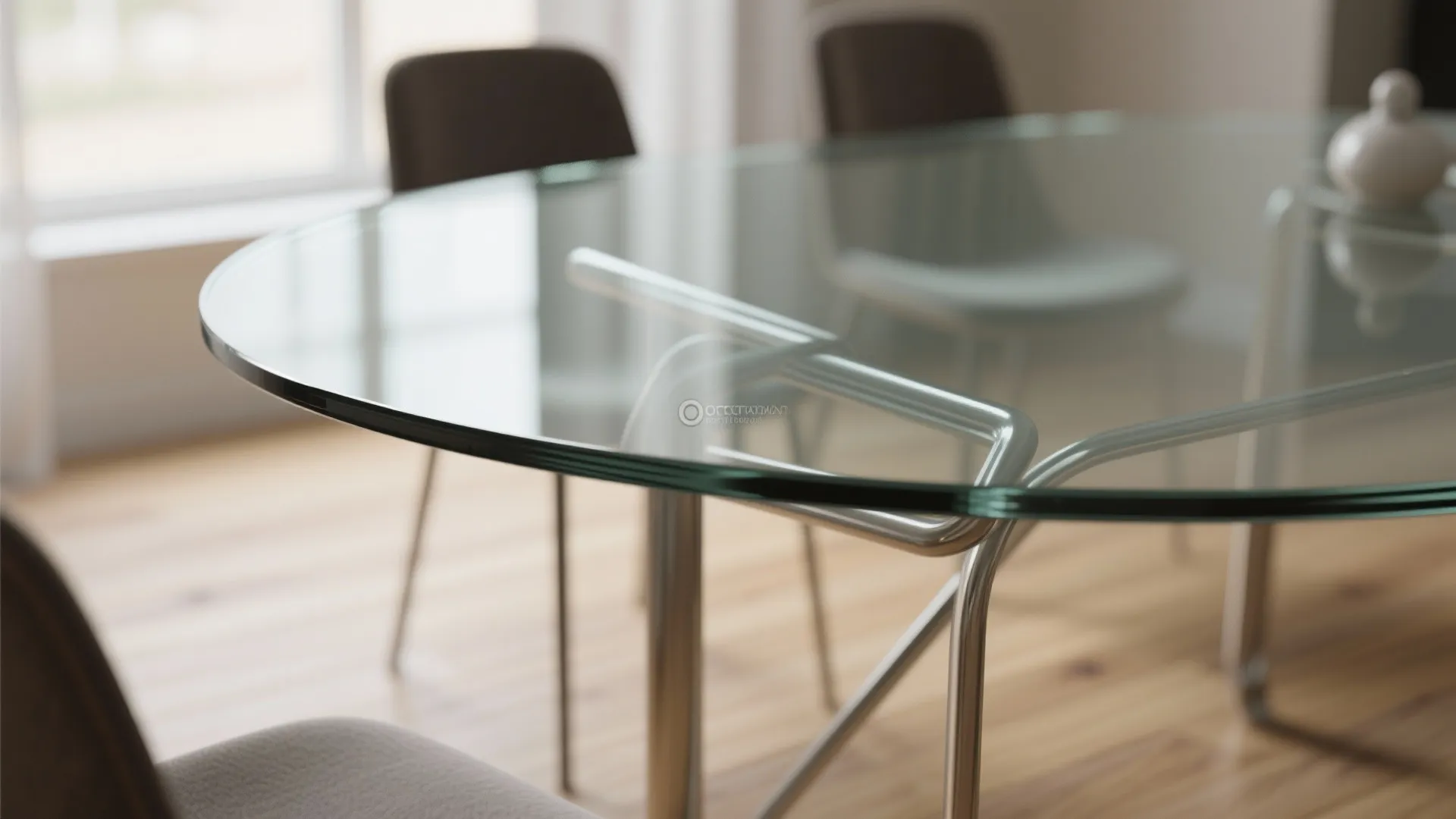 Close-up of a glass tabletop edge and delicate metal base that creates visual openness in a small dining area.
