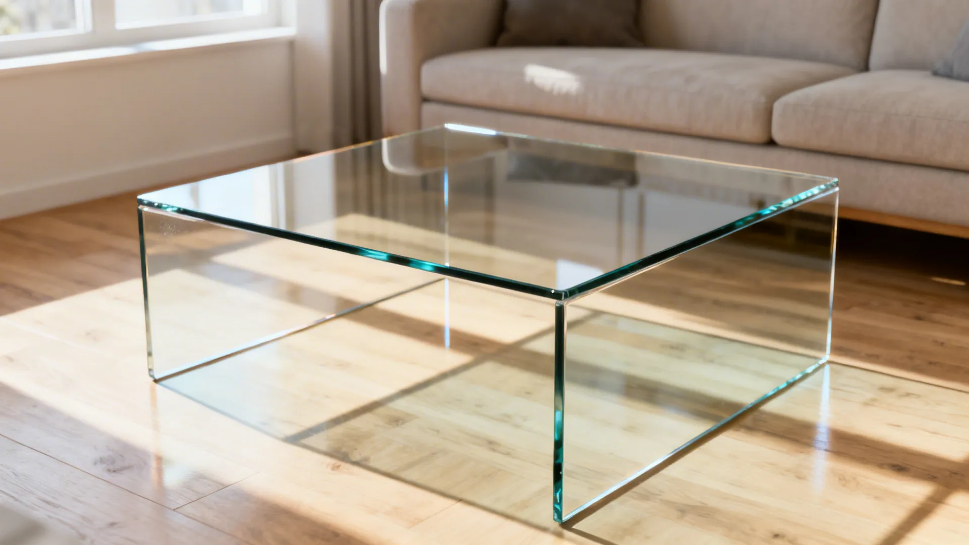 Modern square glass coffee table on light wood floor in bright living room with sofa