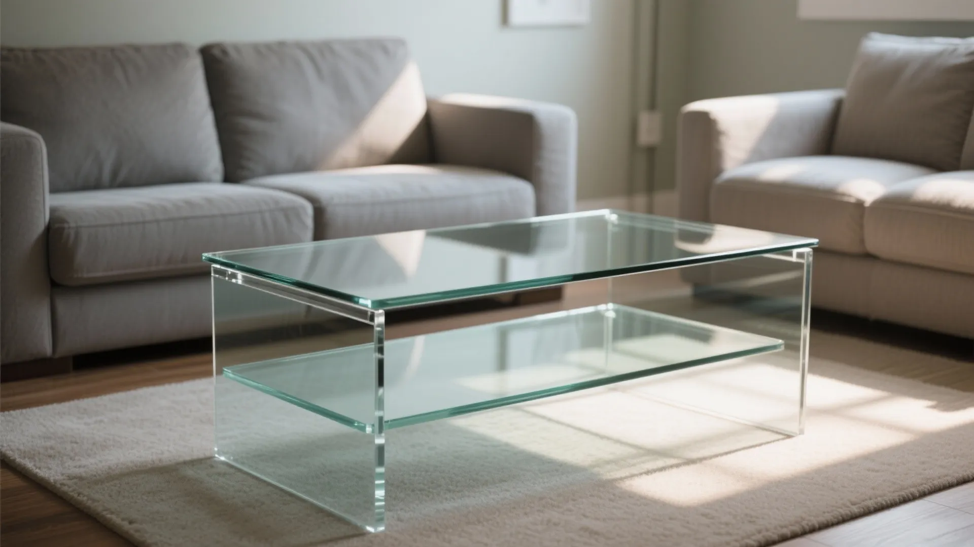 Modern clear glass coffee table with two levels placed on a rug between grey sofas