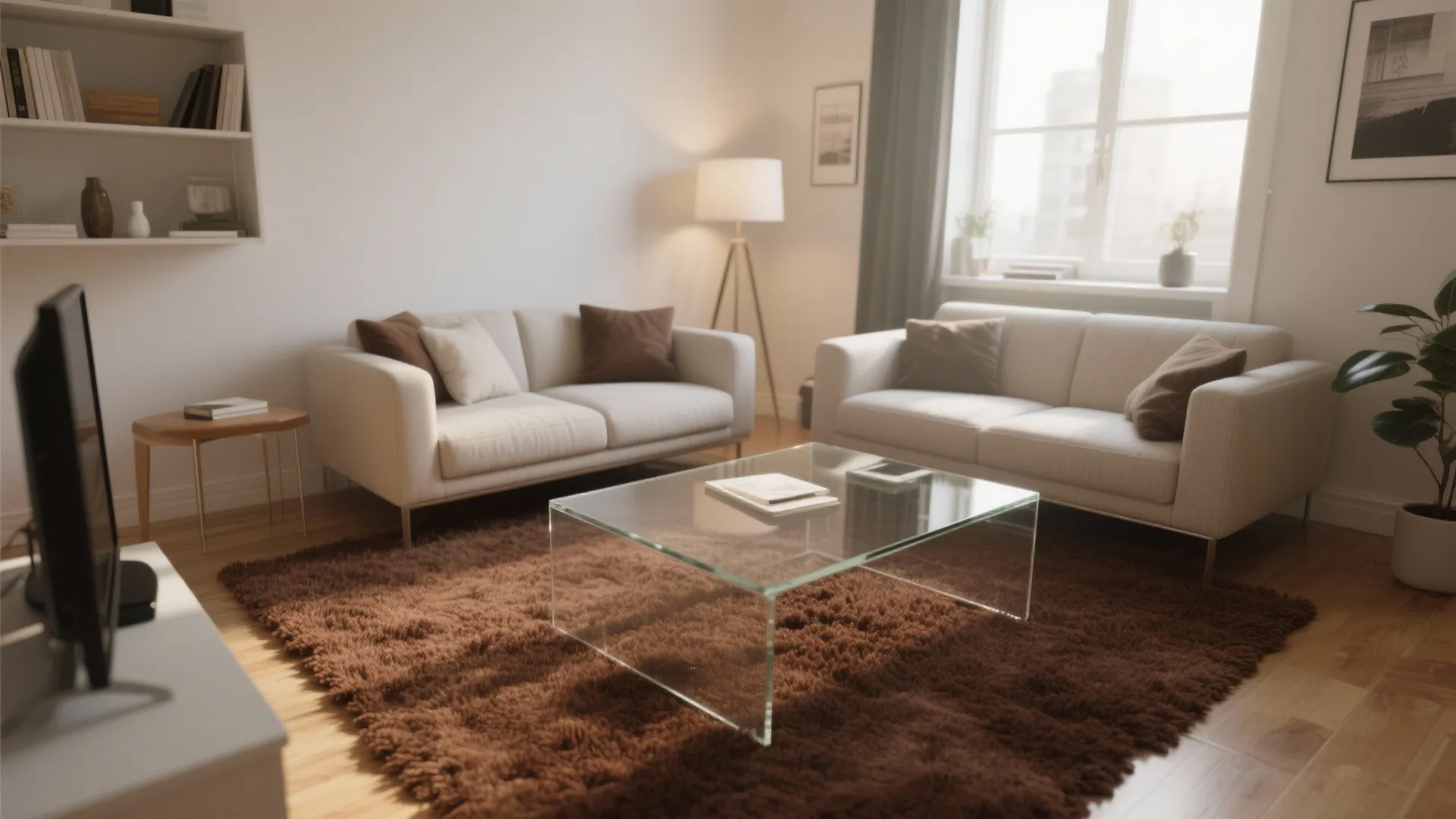 Modern living room featuring clear glass coffee table brown rug beige sofas and bright window