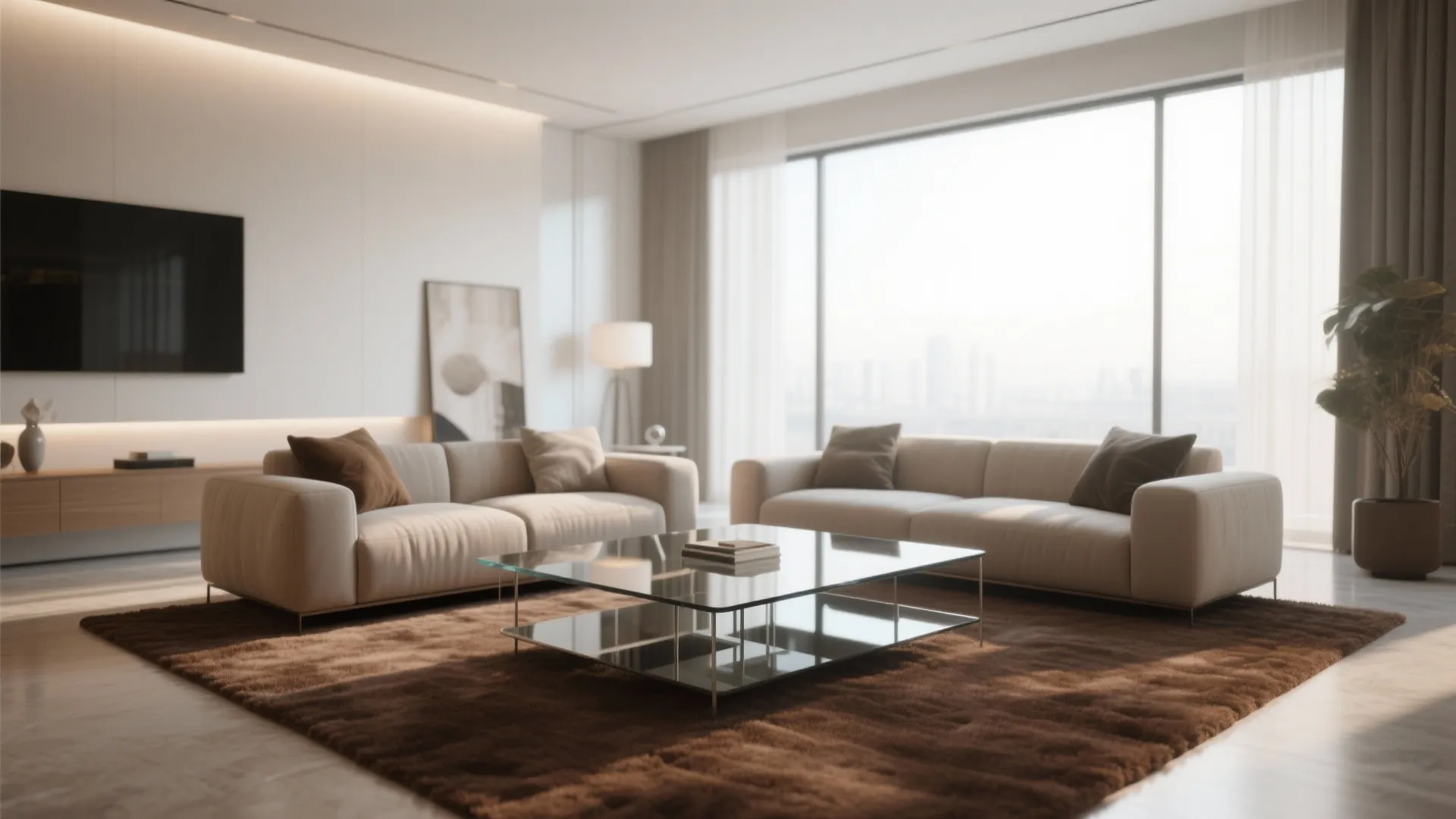 Brown carpet with modern glass coffee table