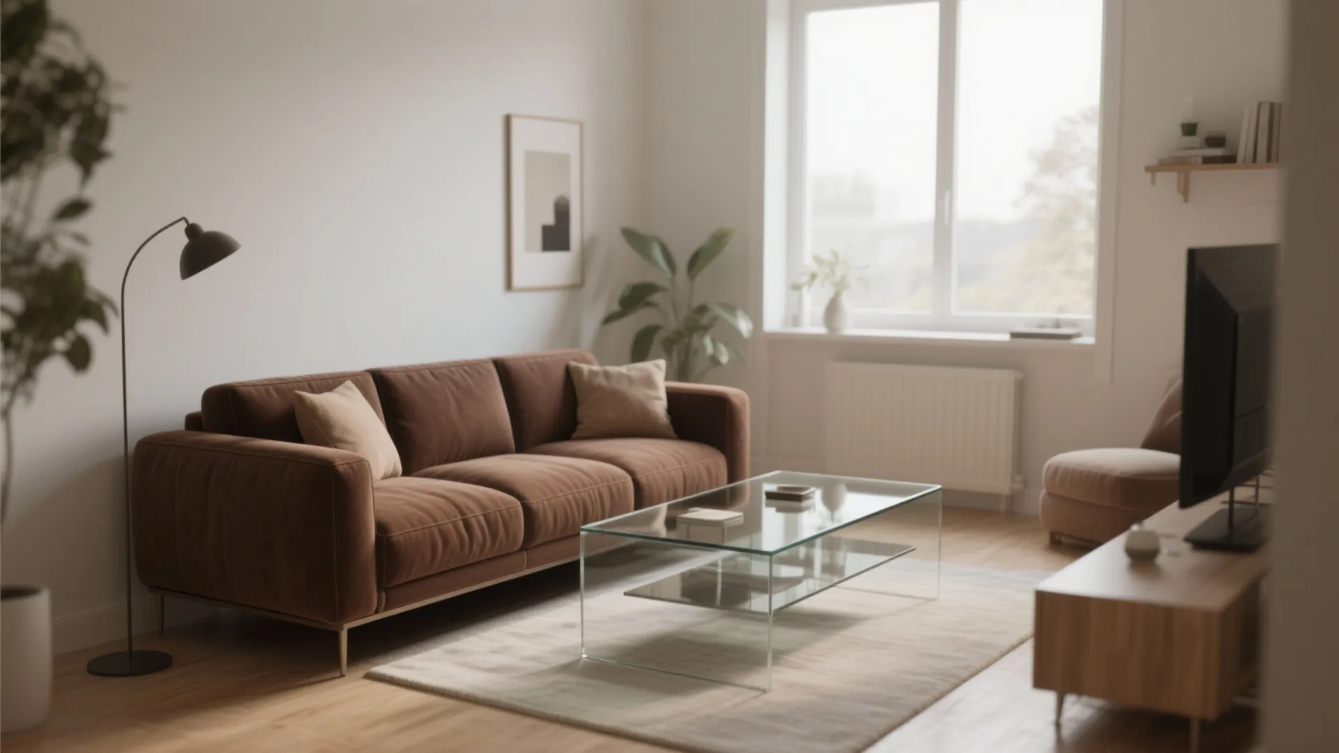 Brown sofa with glass coffee table making space light