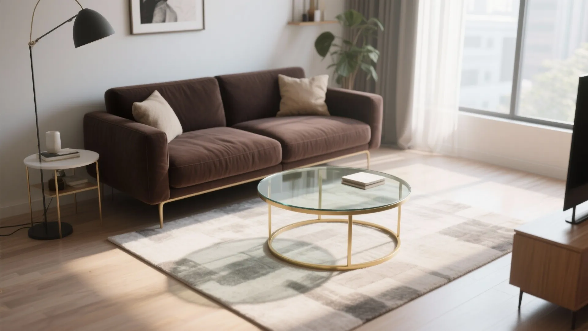 Espresso sofa with round glass coffee table in bright room