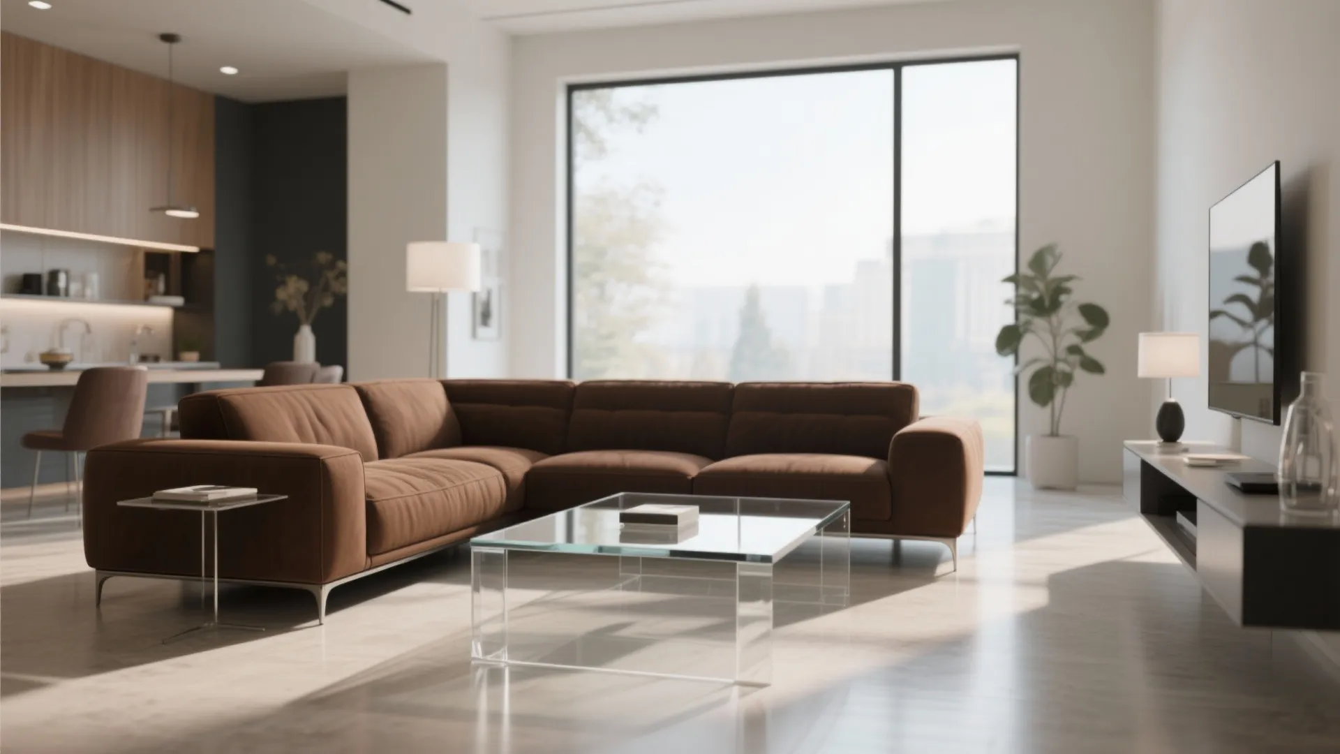 Brown sofa with a clear glass coffee table