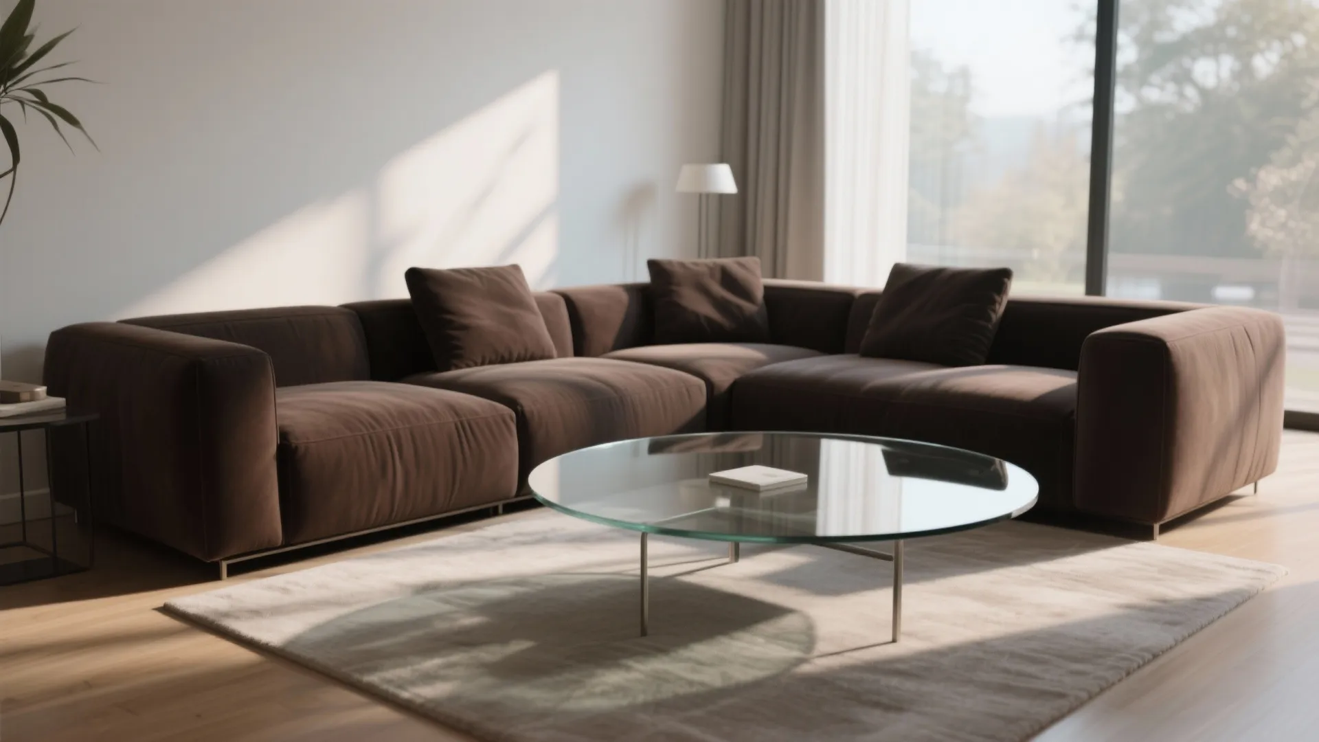 Dark brown sectional sofa paired with a round glass coffee table