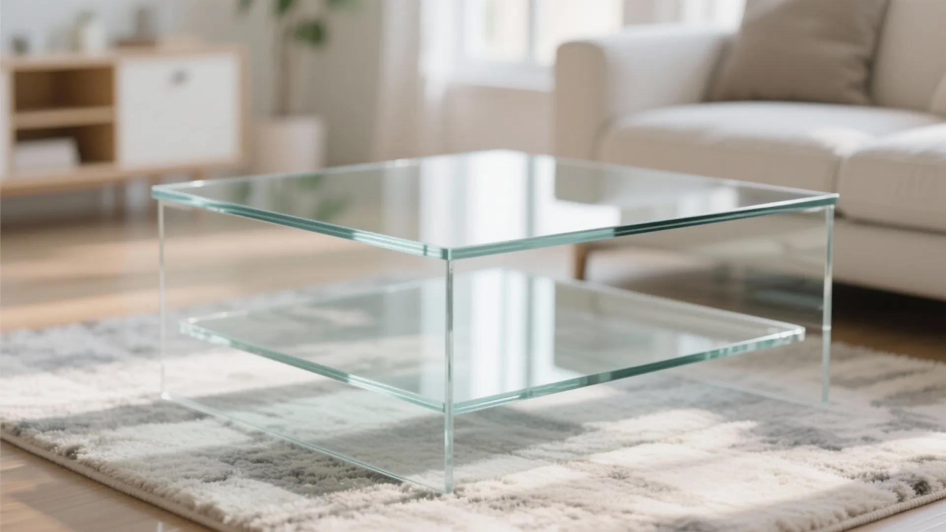 Close-up of glass coffee table in airy living room