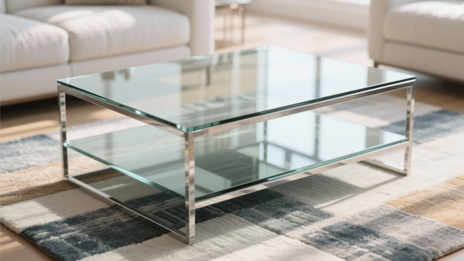 Rectangular glass coffee table with silver metal frame placed on a soft striped area rug