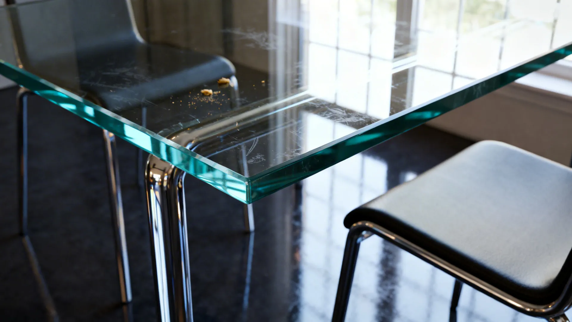 Close-up of a tempered glass round tabletop with slender metal chair reflections
