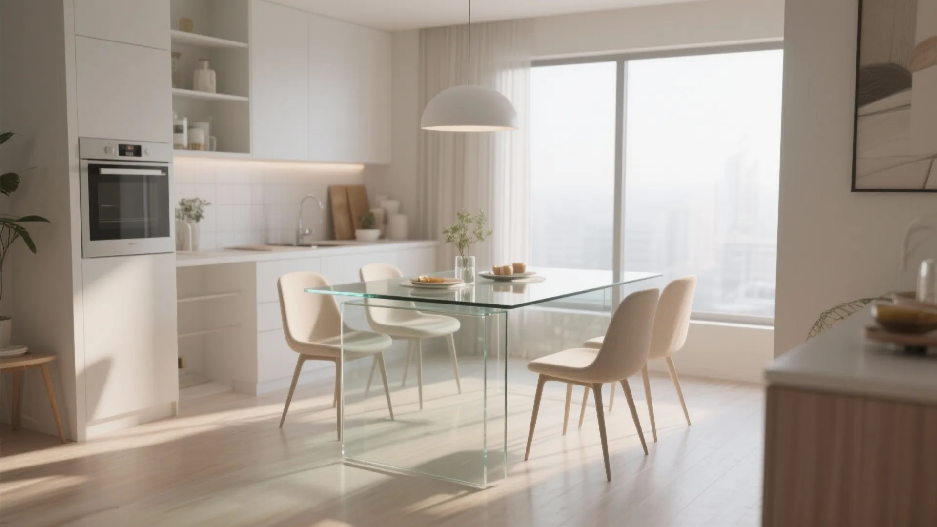 Modern bright dining room featuring clear glass table with beige chairs and large window view