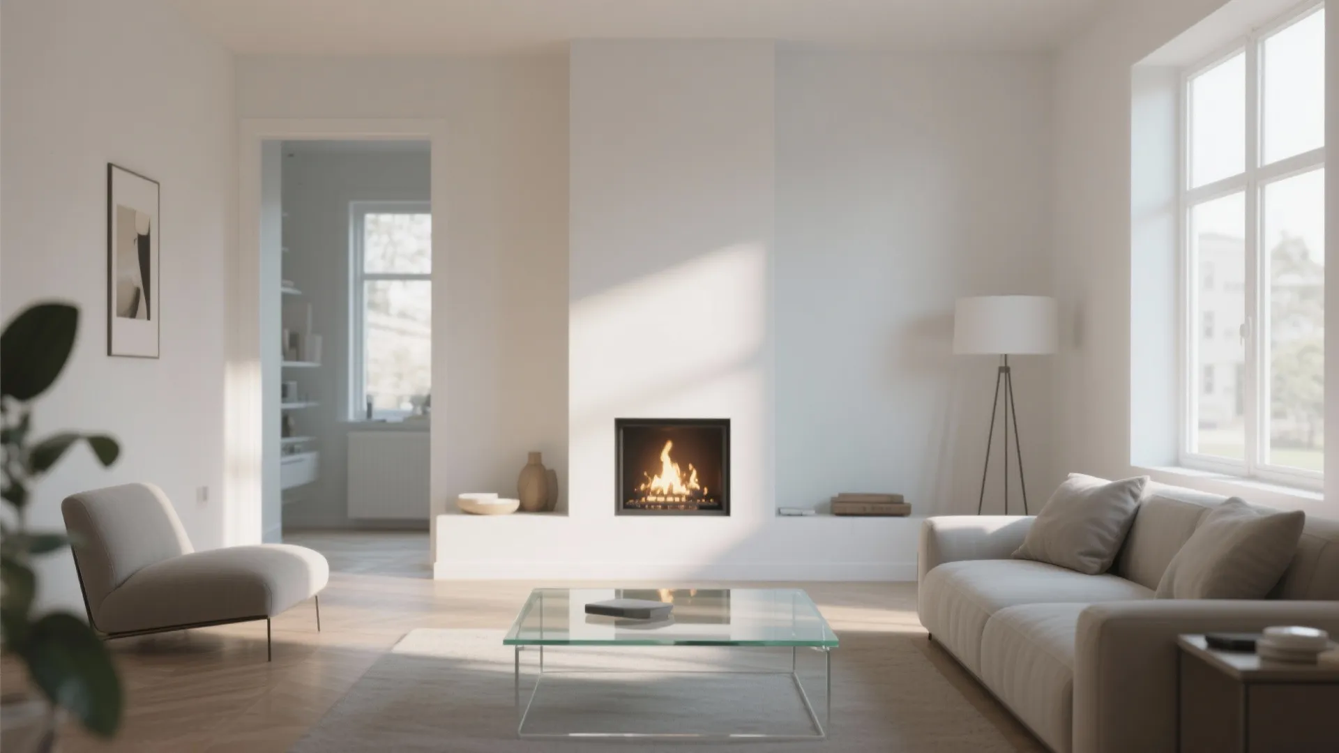 Glass coffee table in small room with fireplace