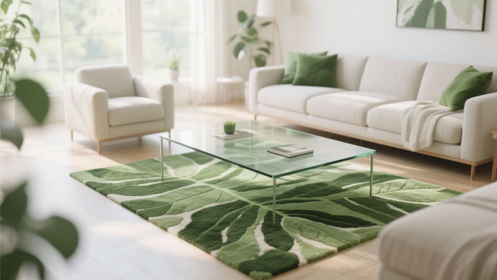 Modern bright living room featuring white sofa glass coffee table and large green leaf rug