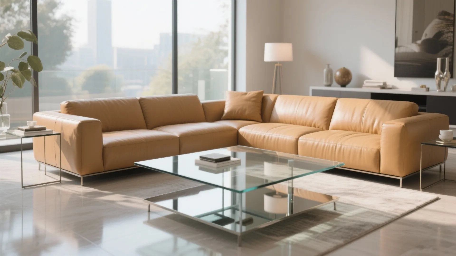 Tan leather sofa with glass coffee table in bright living room