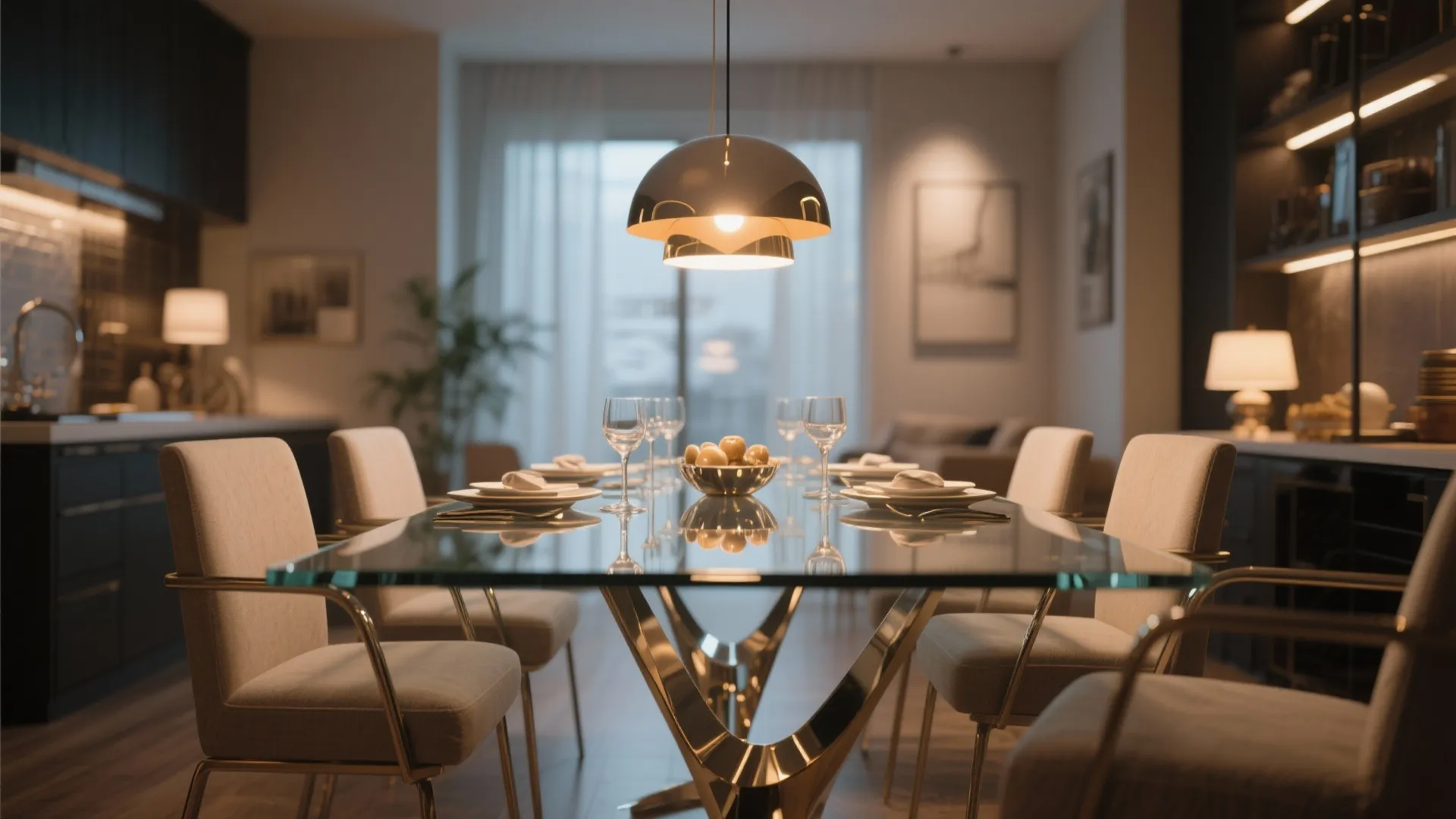Modern dining room featuring glass table with gold base and warm ceiling light over chairs