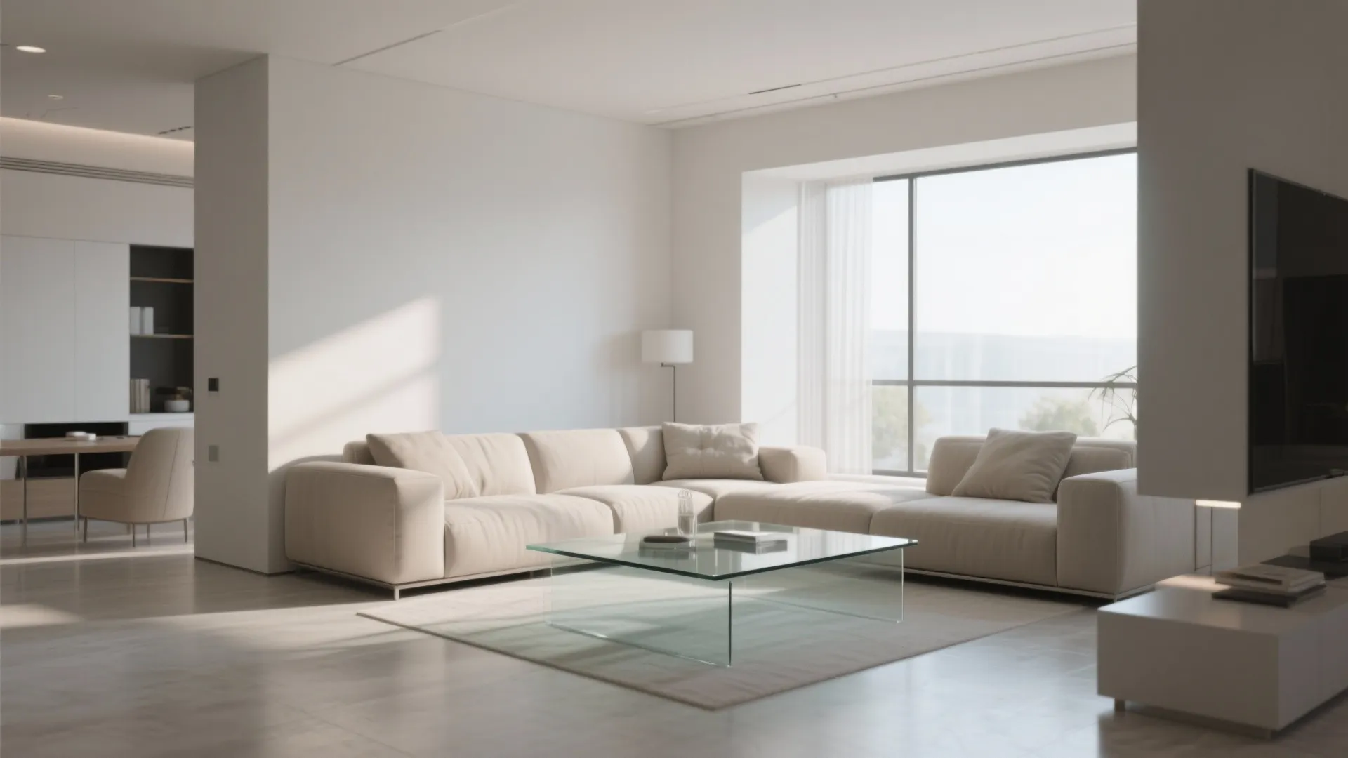 Modern minimal living room featuring cream sectional sofa glass coffee table rug and large bright windows