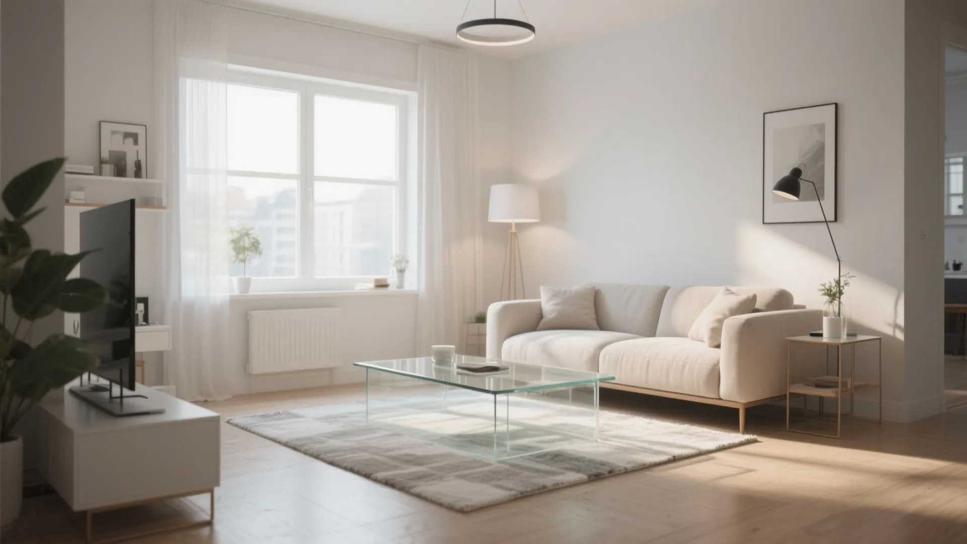 Modern living room featuring white sofa, glass coffee table, checkered rug, floor lamp, and light